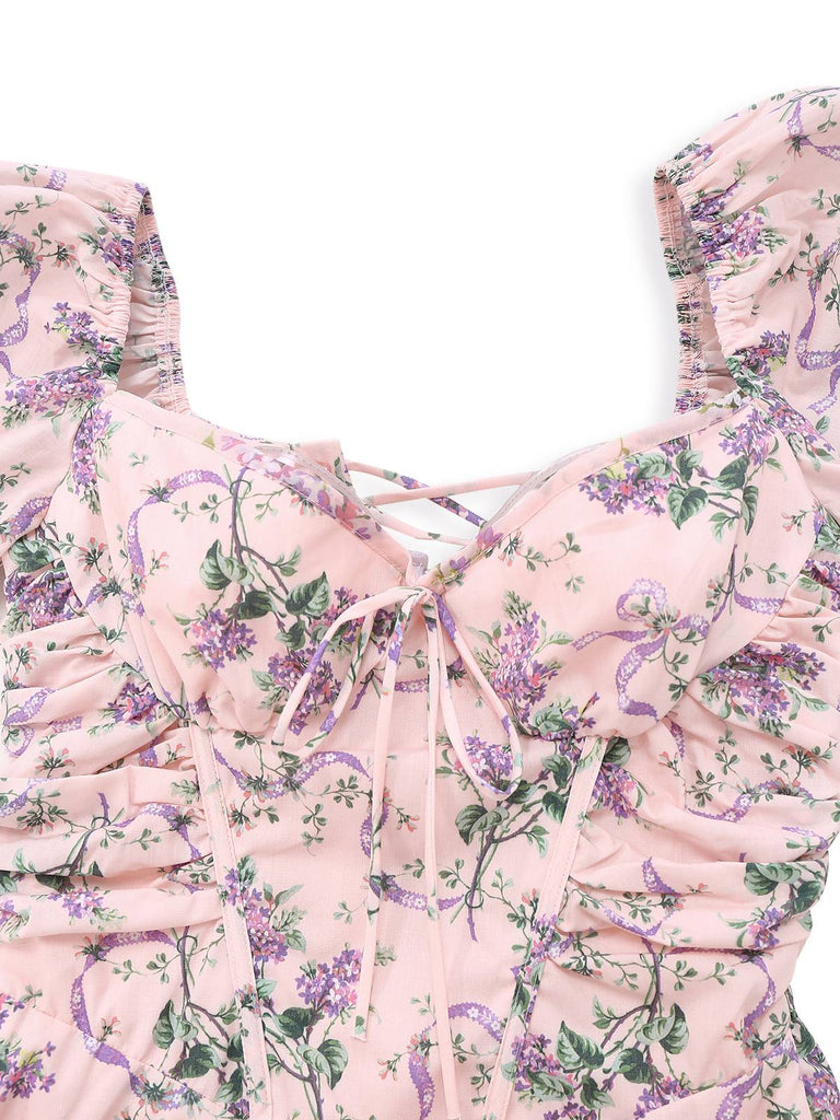 Pink 1940s Lavender Sweetheart Neck Puff Sleeve Dress