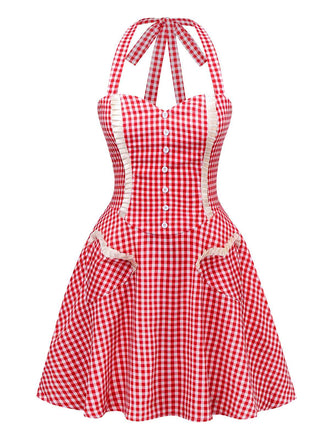 Red 1960s Plaid Heart Pocket Halter Dress