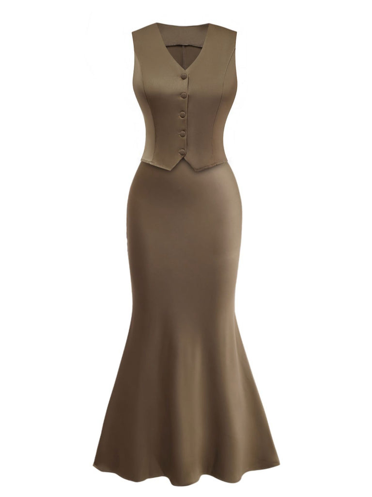 2PCS Brown 1930s Solid Satin Sleeveless V-Neck Vest & Fishtail Skirt