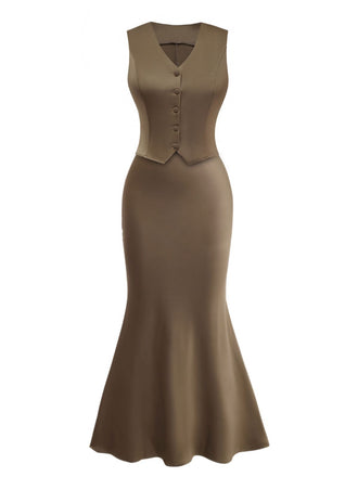 2PCS Brown 1930s Solid Satin Sleeveless V-Neck Vest & Fishtail Skirt