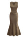 2PCS Brown 1930s Solid Satin Sleeveless V-Neck Vest & Fishtail Skirt