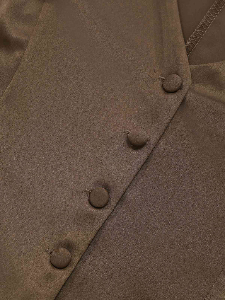 2PCS Brown 1930s Solid Satin Sleeveless V-Neck Vest & Fishtail Skirt