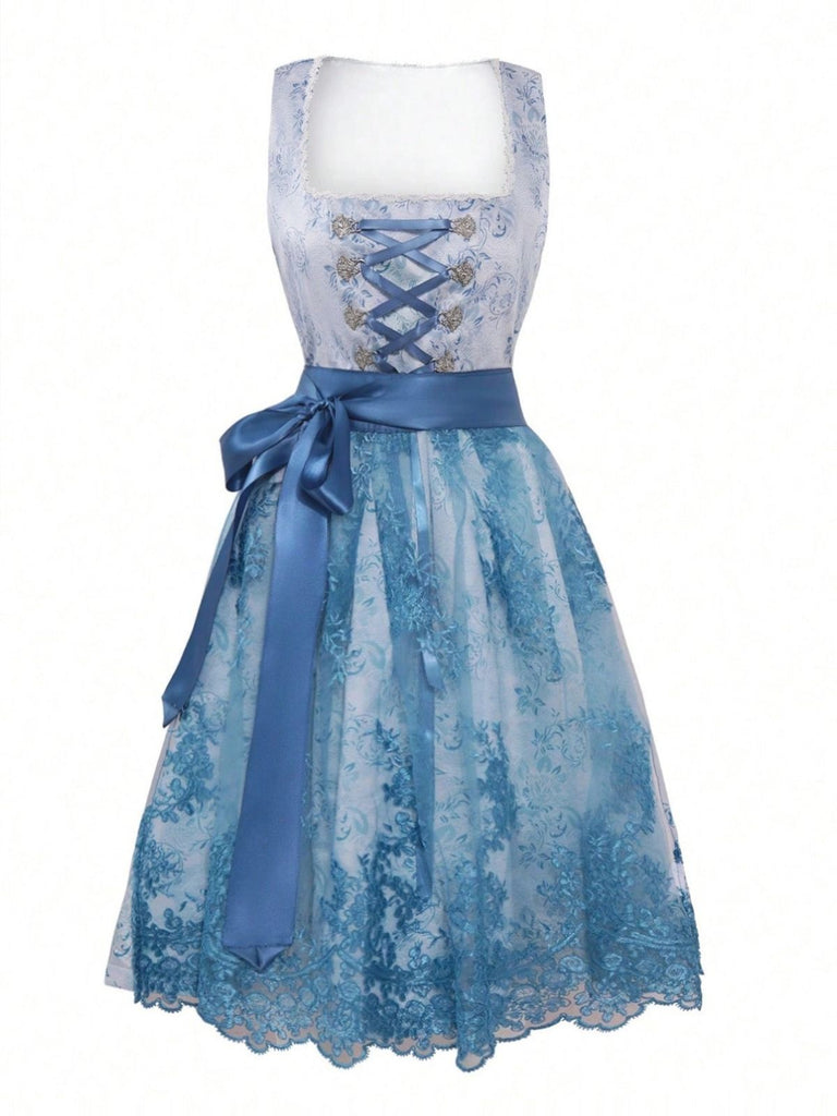 2PCS Blue 1950s Floral Lace-Up Dress & Apron