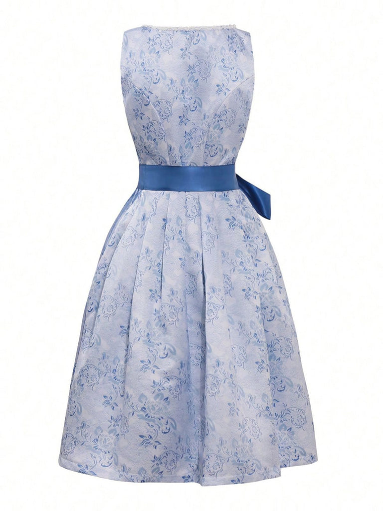 2PCS Blue 1950s Floral Lace-Up Dress & Apron