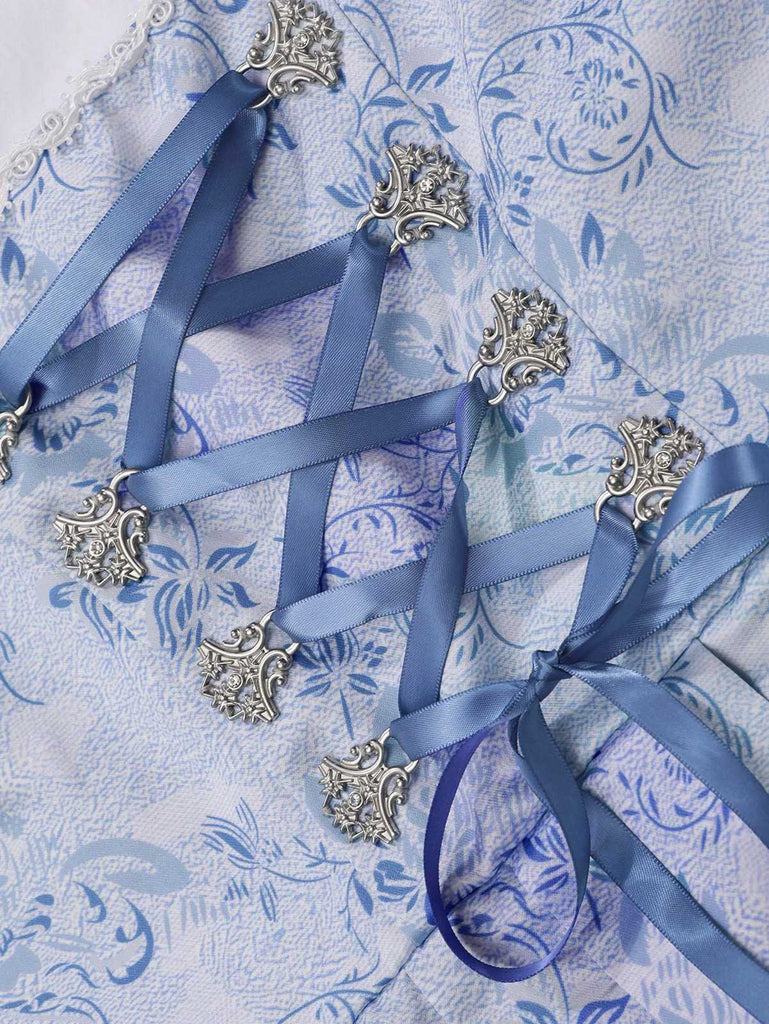 2PCS Blue 1950s Floral Lace-Up Dress & Apron