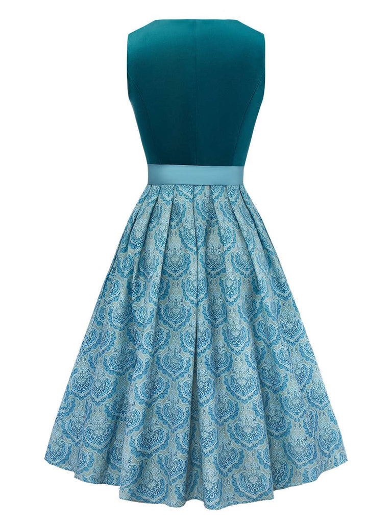 2PCS Blue 1950s Flannelette Floral Dress & Satin Apron