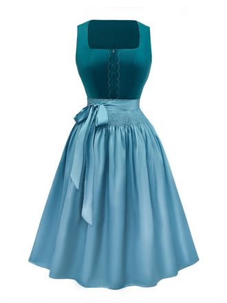 2PCS Blue 1950s Flannelette Floral Dress & Satin Apron