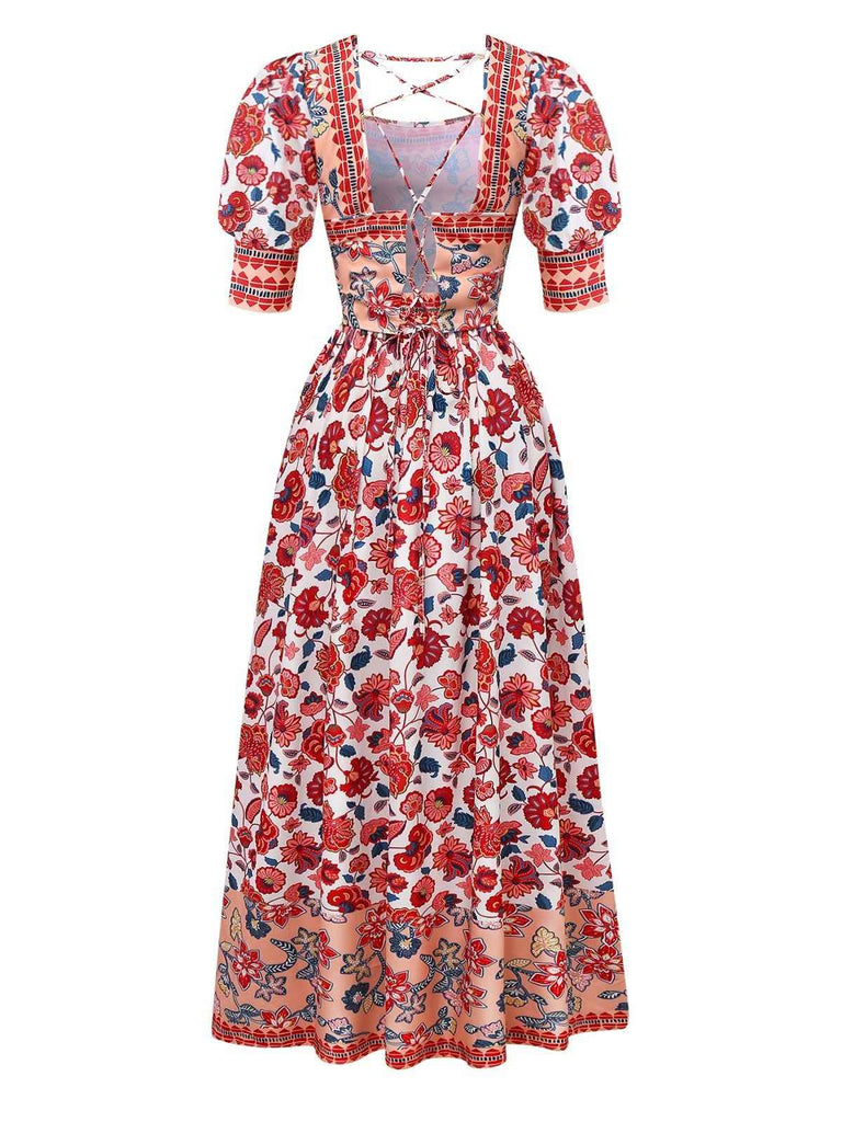 2PCS Red 1930s Floral Lantern Sleeve Cutout Top & Ruched Skirt