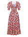 2PCS Red 1930s Floral Lantern Sleeve Cutout Top & Ruched Skirt