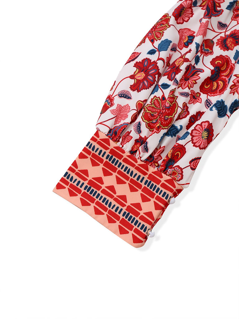 2PCS Red 1930s Floral Lantern Sleeve Cutout Top & Ruched Skirt
