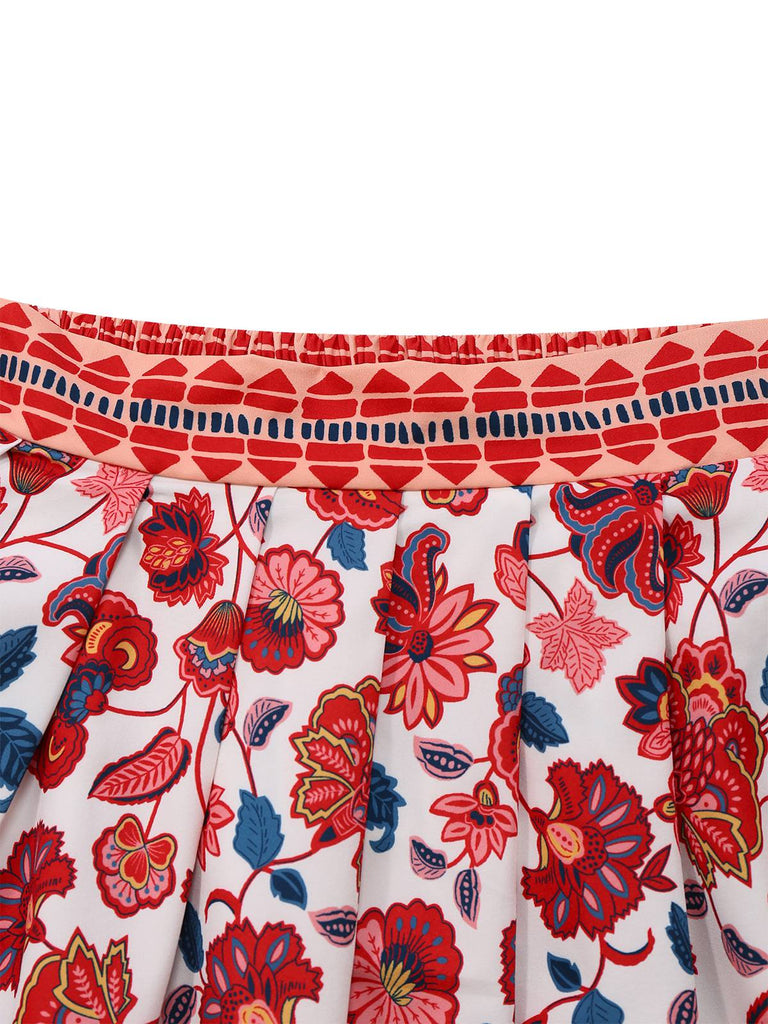 2PCS Red 1930s Floral Lantern Sleeve Cutout Top & Ruched Skirt