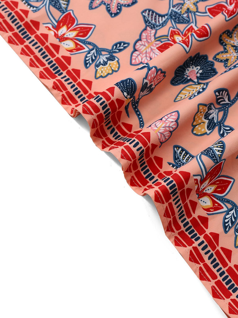 2PCS Red 1930s Floral Lantern Sleeve Cutout Top & Ruched Skirt