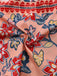 2PCS Red 1930s Floral Lantern Sleeve Cutout Top & Ruched Skirt