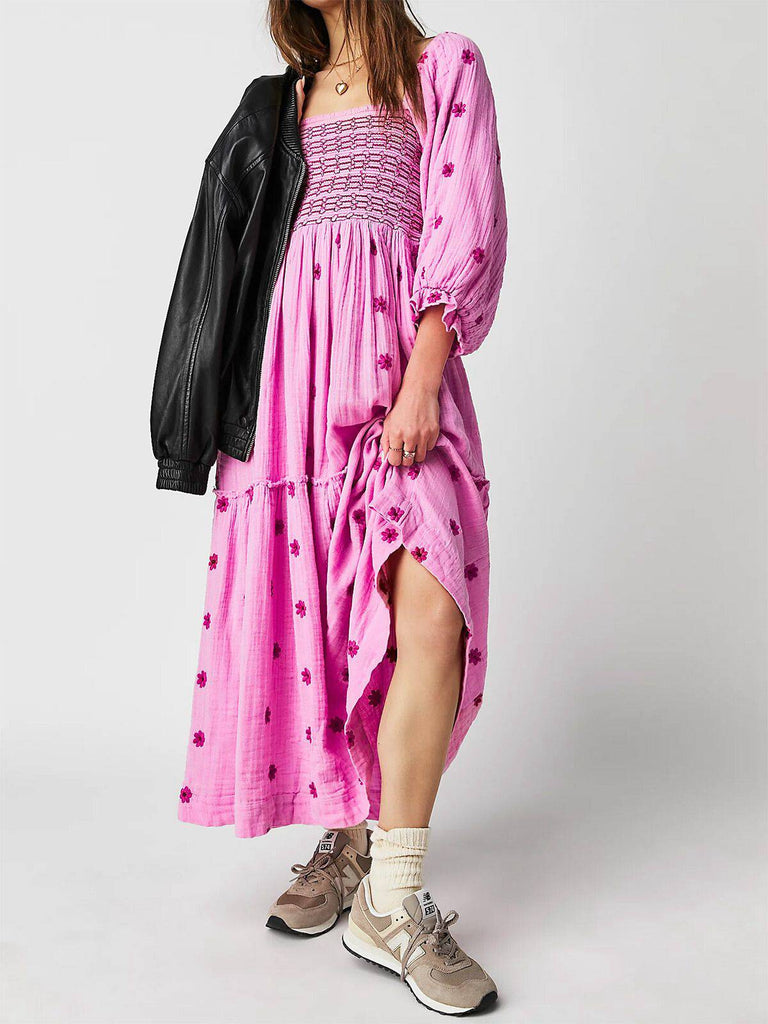 1940s Embroidered Floral Lantern Sleeve Dress