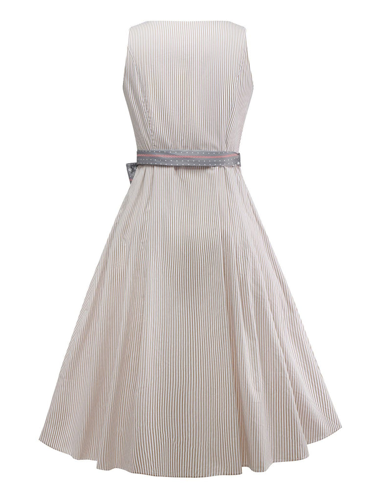 2PCS Beige 1950s Vertical Striped Dress & Floral Apron