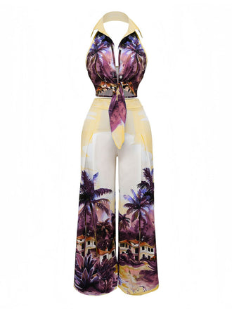 2PCS 1950s Tropical Style Halter Top & Pants