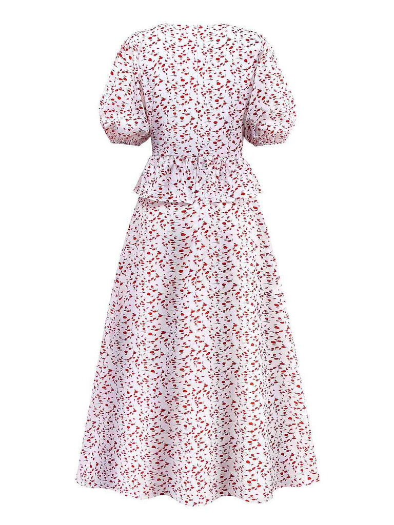 White 1940s Ditsy Floral Ruffled V-Neck Puff Sleeve Dress