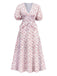 White 1940s Ditsy Floral Ruffled V-Neck Puff Sleeve Dress