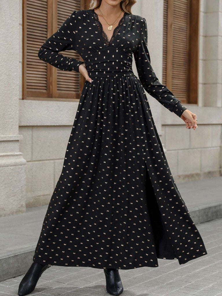 Black 1930s Gold Foil Bow V-Neck Lace Slit Dress