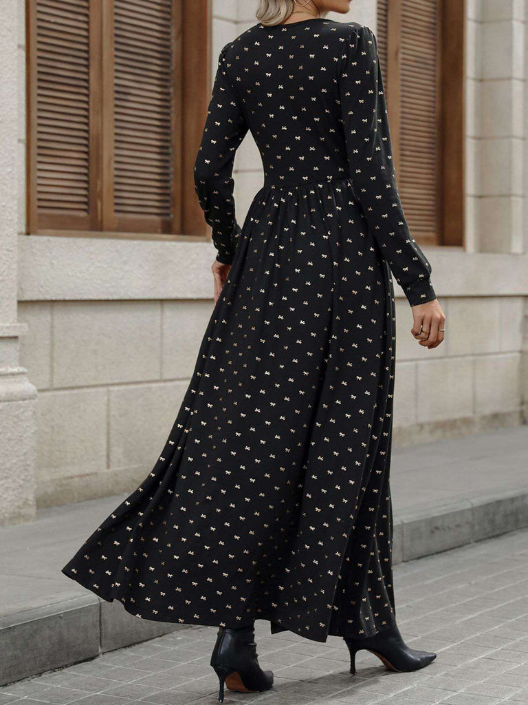 Black 1930s Gold Foil Bow V-Neck Lace Slit Dress