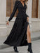 Black 1930s Gold Foil Bow V-Neck Lace Slit Dress