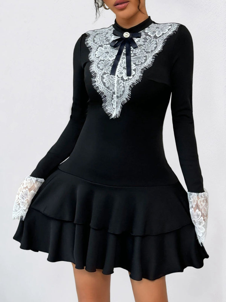 Black & White 1950s Lace Patchwork Bow Long Sleeve Dress