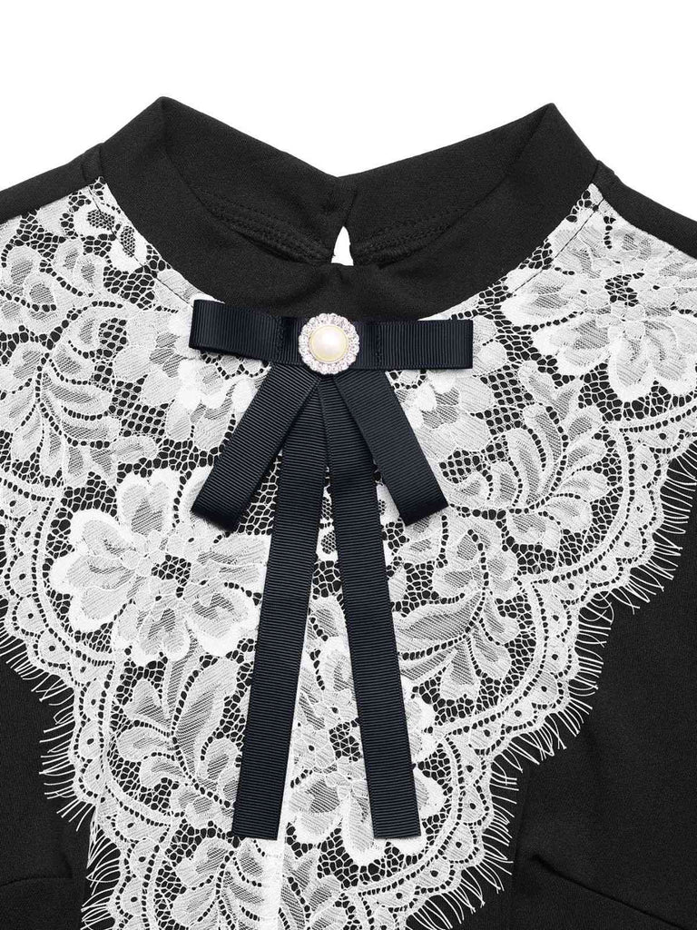 Black & White 1950s Lace Patchwork Bow Long Sleeve Dress