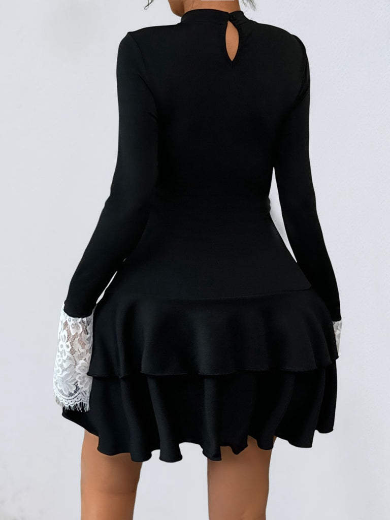 Black & White 1950s Lace Patchwork Bow Long Sleeve Dress