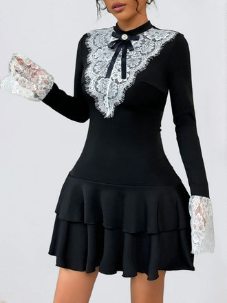 Black & White 1950s Lace Patchwork Bow Long Sleeve Dress