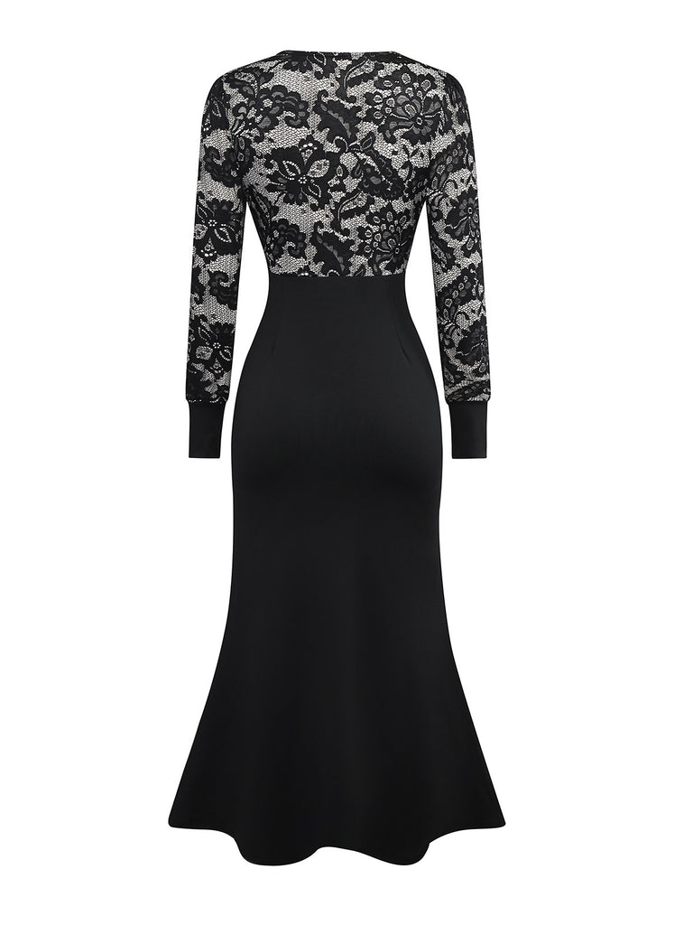 Black 1930s V-Neck Floral Lace Fishtail Dress