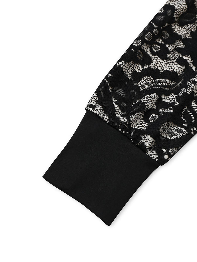 Black 1930s V-Neck Floral Lace Fishtail Dress