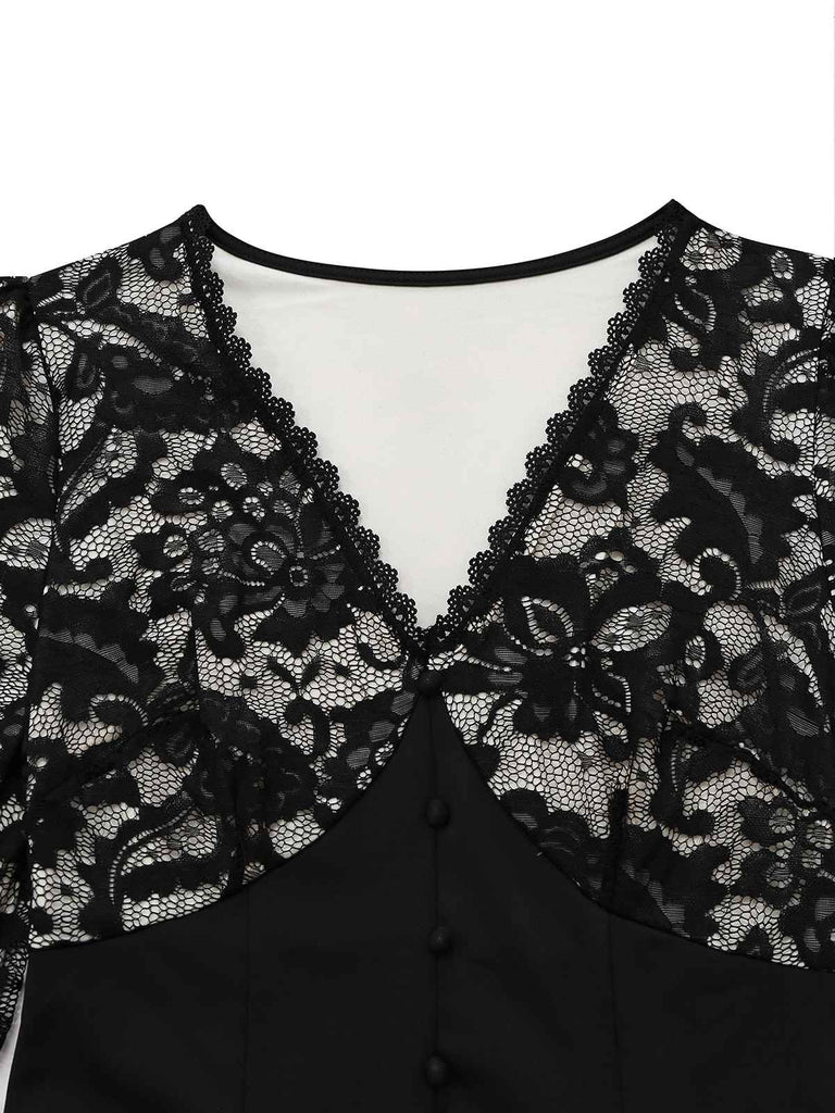 Black 1930s V-Neck Floral Lace Fishtail Dress