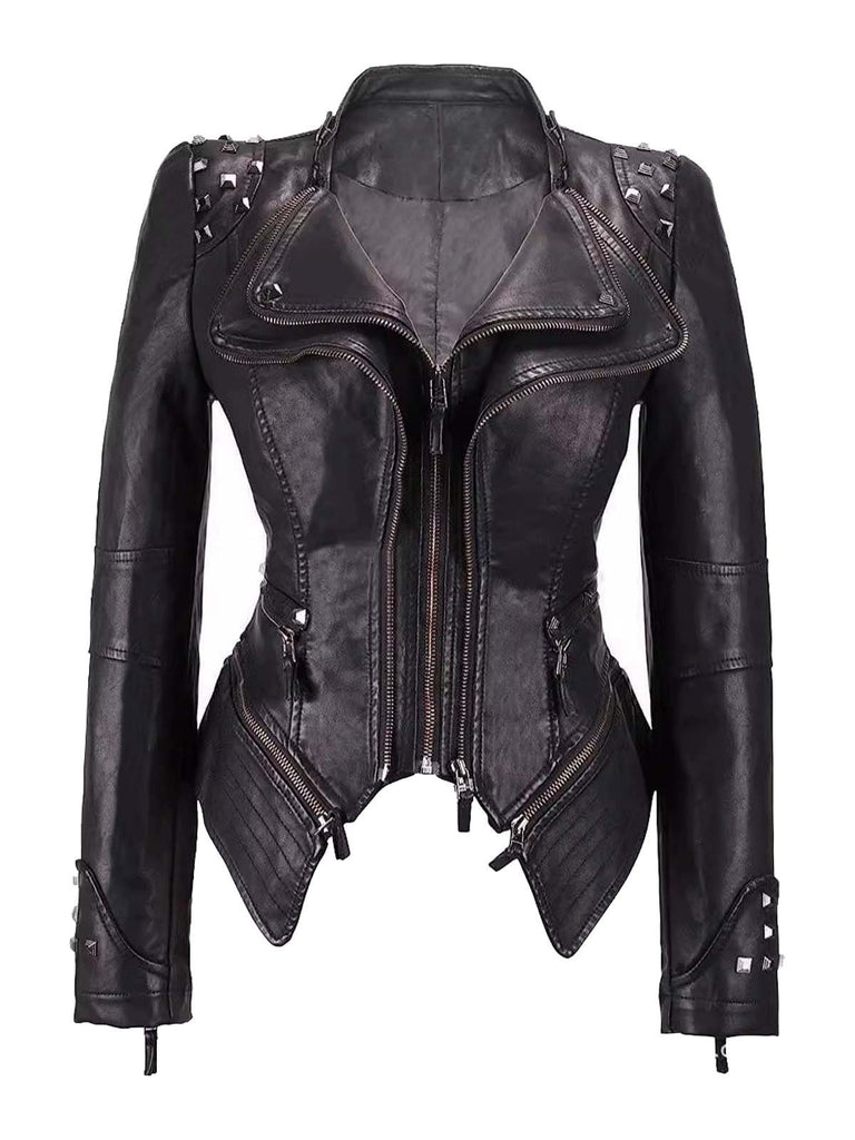 Black 1980s Irregualr Hem Rivet Motocycle Jacket