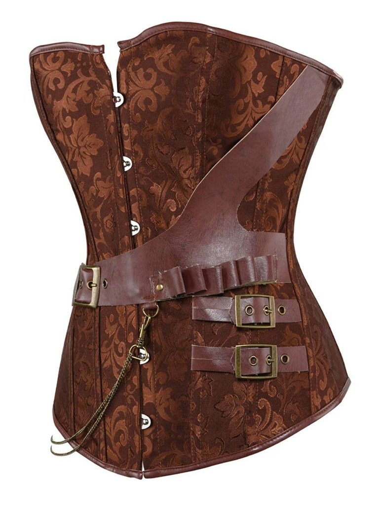 1980s Steampunk Leather Jacquard Floral Strapless Corset