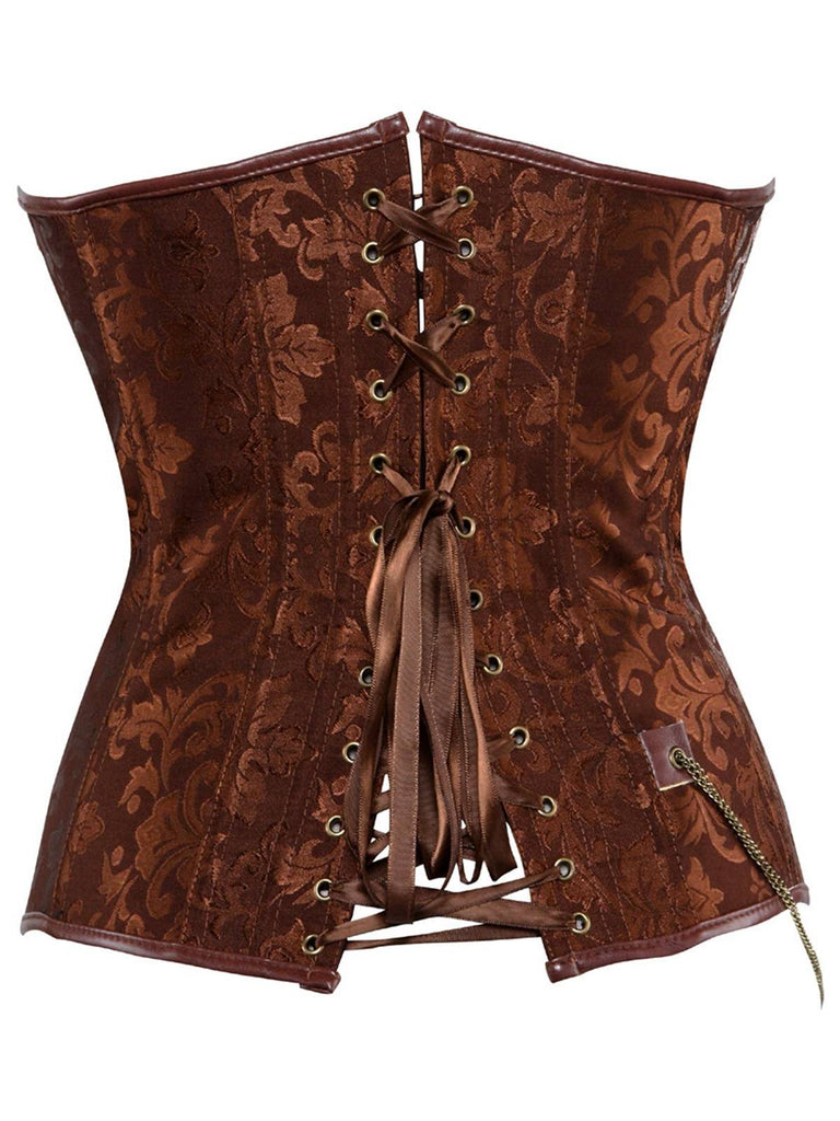 1980s Steampunk Leather Jacquard Floral Strapless Corset