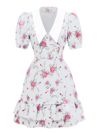 1960s Rose Puff Sleeve Chelsea Collar Mini Dress