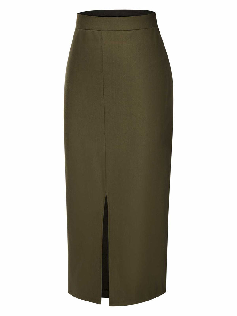 [Pre-Sale] Olive Green 1960s Front Slit Solid Skirt