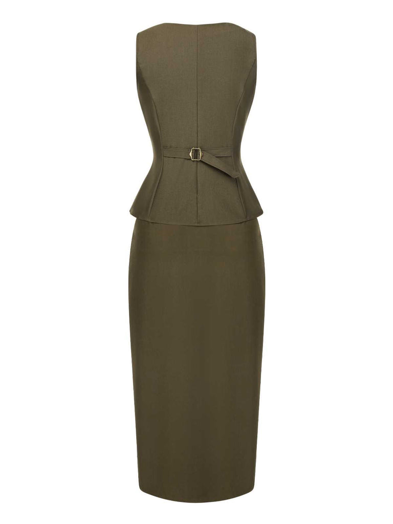 [Pre-Sale] 2PCS Olive Green 1960s Solid Vest & Front Slit Skirt