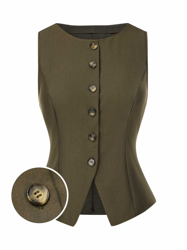 [Pre-Sale] Olive Green 1960s Button Solid Sleeveless Vest