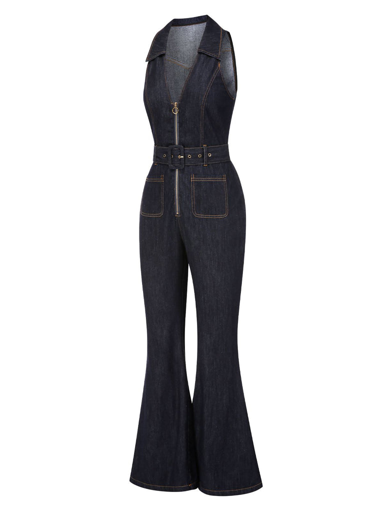 [Pre-Sale] Blue 1970s Denim Collar Belted Flared Jumpsuit