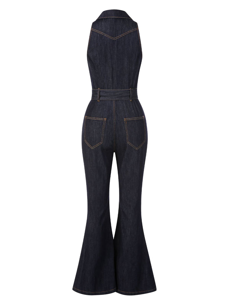 [Pre-Sale] Blue 1970s Denim Collar Belted Flared Jumpsuit