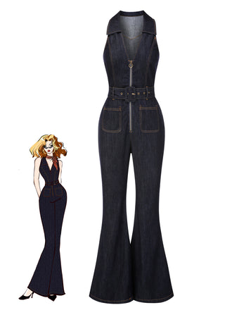 Blue 1970s Denim Collar Belted Flared Jumpsuit