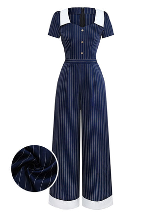 1930s Blue Striped Lapel Jumpsuit