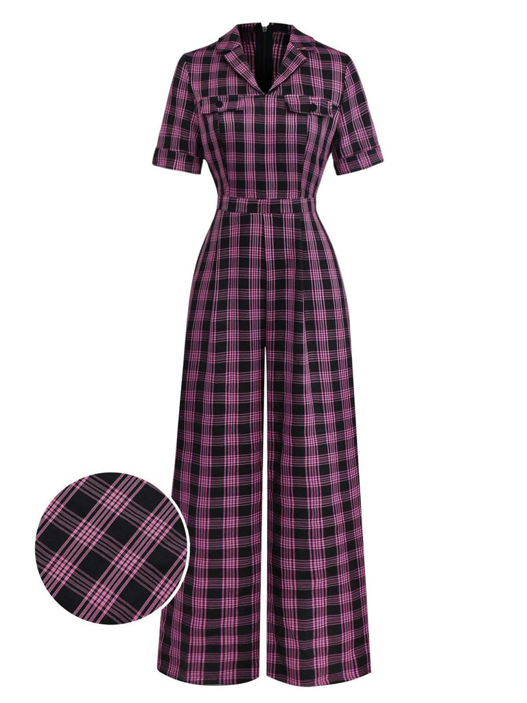 [Pre-Sale] Black&Pink 1940s Lapel Plaids Jumpsuit