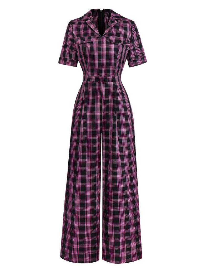 [Pre-Sale] Black&Pink 1940s Lapel Plaids Jumpsuit
