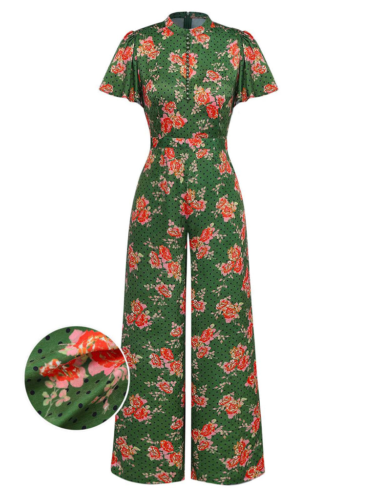 [Pre-Sale] Green 1940s Rose Ruffled Polka Dot Button Jumpsuit