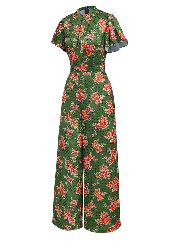[Pre-Sale] Green 1940s Rose Ruffled Polka Dot Button Jumpsuit