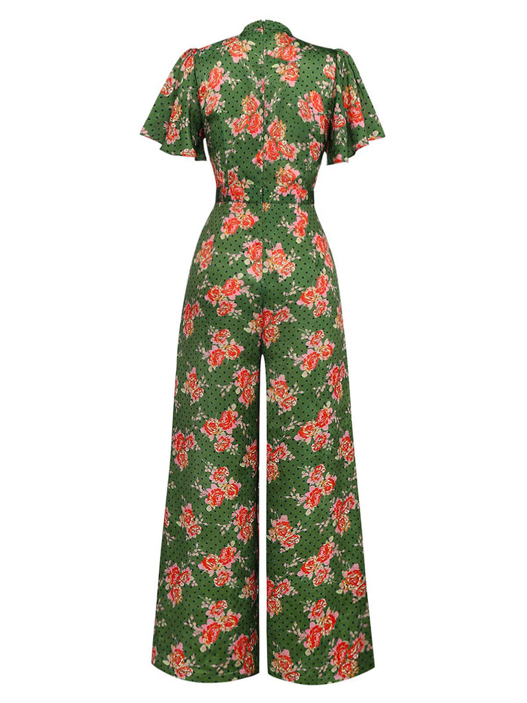 [Pre-Sale] Green 1940s Rose Ruffled Polka Dot Button Jumpsuit