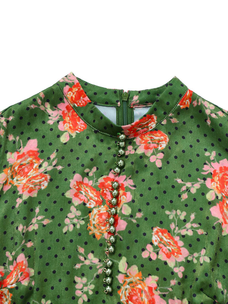 [Pre-Sale] Green 1940s Rose Ruffled Polka Dot Button Jumpsuit