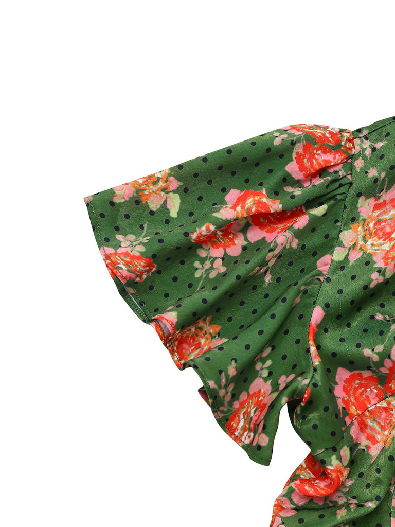 [Pre-Sale] Green 1940s Rose Ruffled Polka Dot Button Jumpsuit